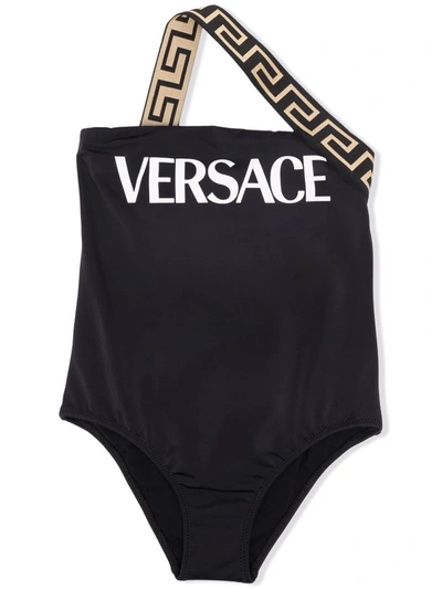 Versace Kids' 希腊风图案印花连体泳衣 In Black