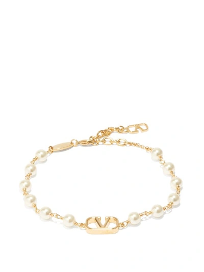 Valentino Garavani V Logo & Faux Pearl Bracelet In White,gold