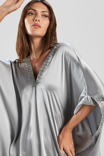 Josie Natori Natori Key Essentials Embellished Cocoon Silk Caftan Dress In Silver