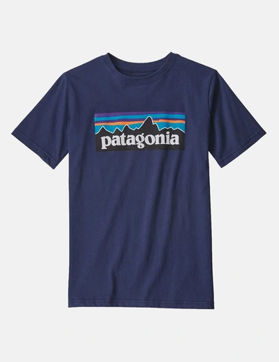 Patagonia Boys P-6 Logo Organic Cotton T-shirt In Navy Blue