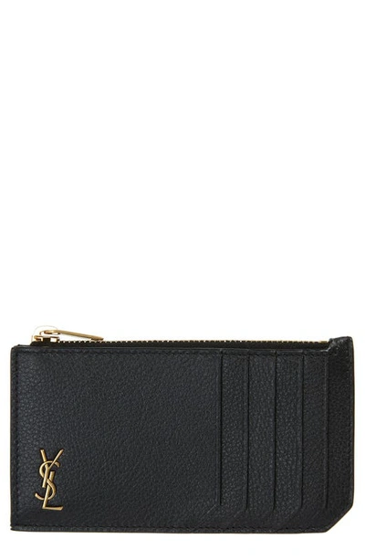 Saint Laurent Fragments Monogram Leather Zip Card Case In Black