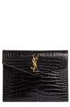 Saint Laurent Uptown Medium Ysl Monogram Croc-embossed Pouch Bag In Nero