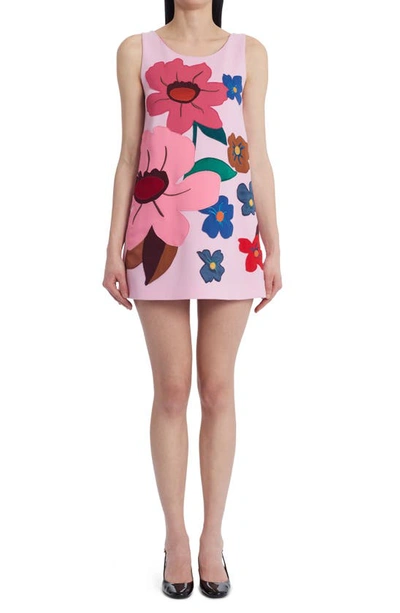 Dolce & Gabbana Floral Patch Wool Blend Crepe Shift Minidress In Pink