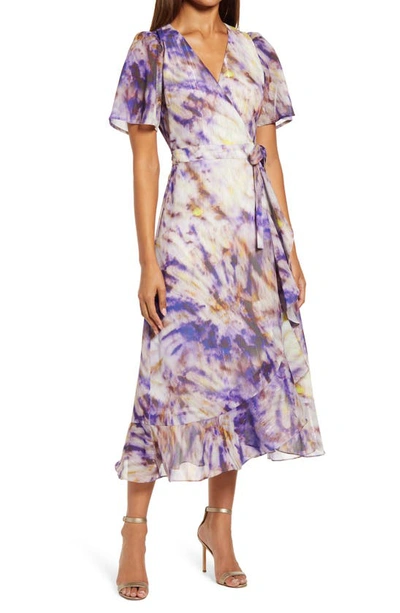 Adelyn Rae Tie Dye Faux Wrap Midi Dress In Purple