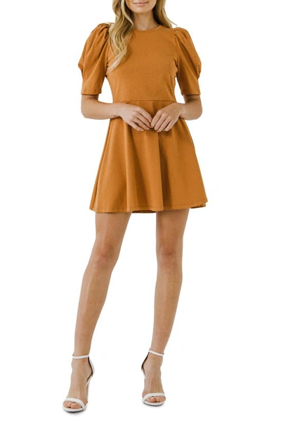 English Factory Short Puff Sleeve Mini Dress In Brown
