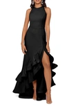 Betsy & Adam Tiered Ruffles Scuba Crepe Gown In Black