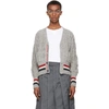 Thom Browne Wool Cable Knit Cardigan W/ Rwb Stripe In Light Grey