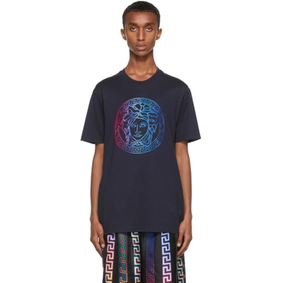 Versace Navy & Multicolor Embroidered Medusa T-shirt In Blue