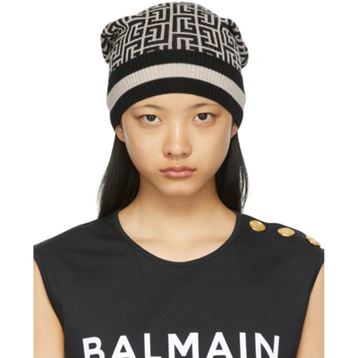 Balmain Black Merino Monogram Beanie In Beige | ModeSens display picture 1