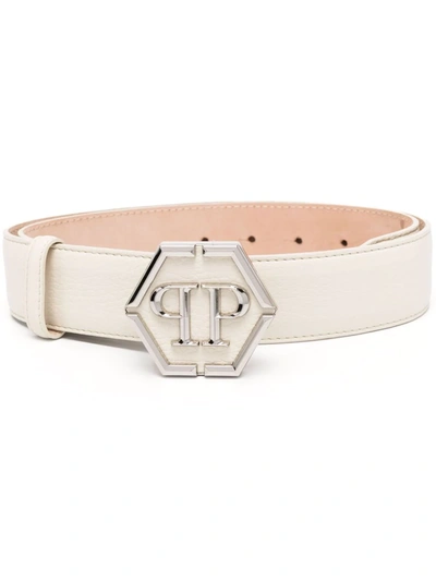 Philipp Plein Logo-plaque Leather Belt In Neutrals