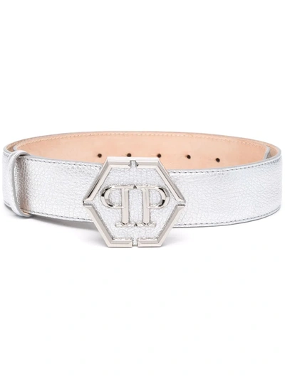 Philipp Plein Logo-plaque Metallic Belt In Silver