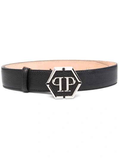 Philipp Plein Logo-plaque Leather Belt In Black