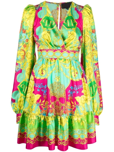 Philipp Plein Baroque-print Empire Dress In Green