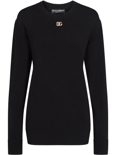 Dolce & Gabbana Viscose Sweater With Crystal Dg Embellishment In Black