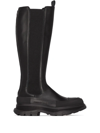 Alexander Mcqueen Leather Exaggerated-sole Knee Boots In Black