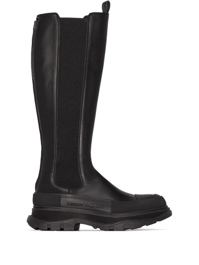 Alexander Mcqueen Wander Leather Rubber-tread Knee Boots In Black