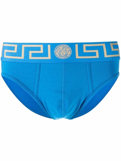 Versace Greca Band Stretch Cotton Briefs In Teal