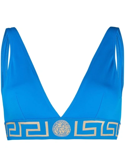 Versace Greca Border Triangle Bikini Top In Blu