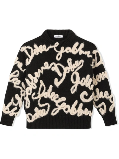 Dolce & Gabbana Kids' Logo-embroidered Virgin Wool Jumper In Black