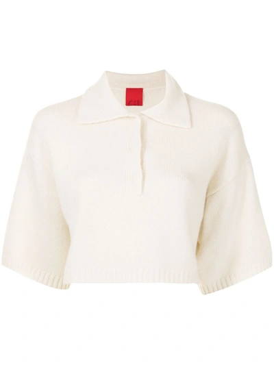 Cashmere In Love Demi Cropped Cashmere Polo Shirt In White