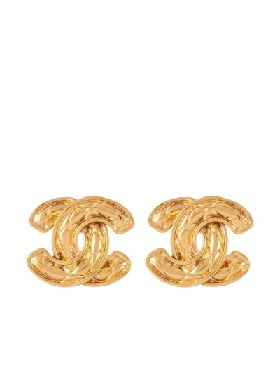 Pre-owned Chanel 1980s Diamond-quilted Cc Clip-on Earrings In Gold