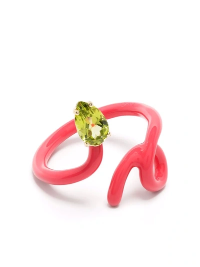 Bea Bongiasca Baby Vine Tendril Enamel, Gold And Peridot Ring In Pink