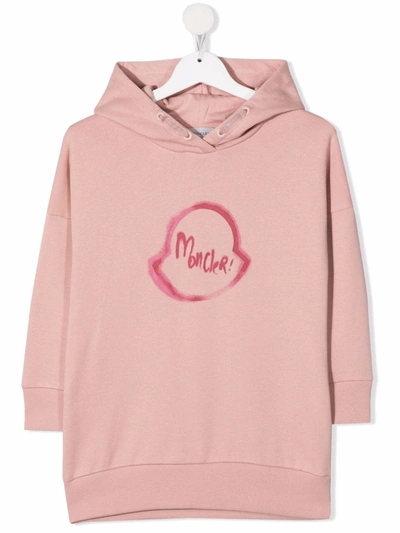 Moncler Kids' Logo Print Hooded Cotton Sweat Dress In Pink