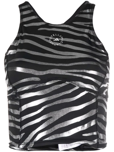 Adidas By Stella Mccartney Cropped Metallic Zebra-print Stretch Top In Black