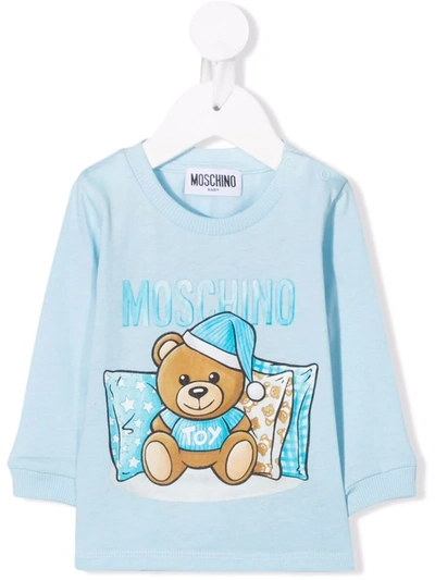 Moschino Babies' Sleepy Teddy Long-sleeve T-shirt In Blue