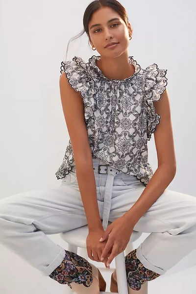Anthropologie Abstract Ruffled Blouse In Black