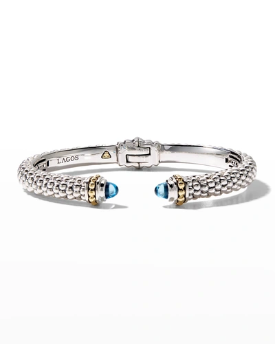 Lagos 18k Gold And Sterling Silver Caviar Colour Blue Topaz Cuff, 8mm In Blue/silver