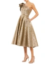 Mac Duggal One-shoulder Metallic Brocade Midi Cocktail Dress In Antique Bronze
