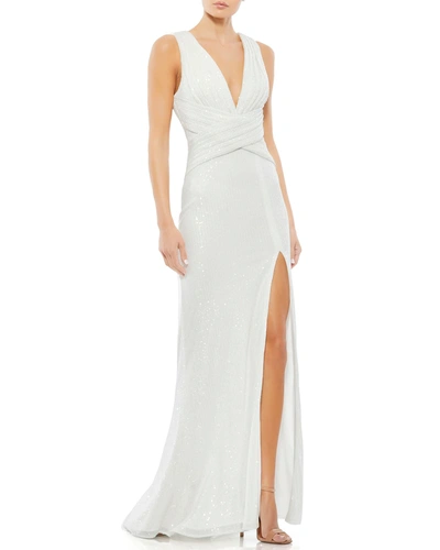 Ieena For Mac Duggal Sequin Thigh-slit Column Gown In White