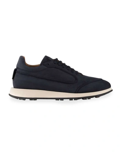 Giorgio Armani Men's Suede Trainer Sneakers In Solid Dark Blue