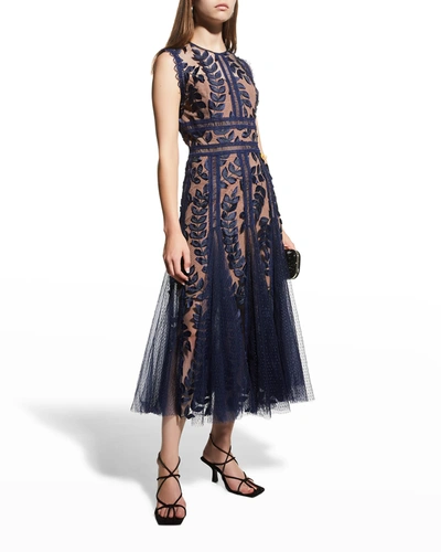 Bronx And Banco Women's Saba Embroidered Mesh Midi-dress In Navy