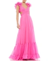 Mac Duggal Cutout Ruffle Tulle Lace-up Gown In Hot Pink