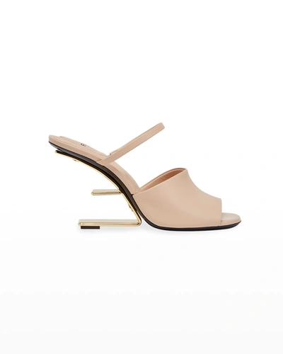 Fendi 95mm Leather Metallic-heel Slide Sandals In Poudre