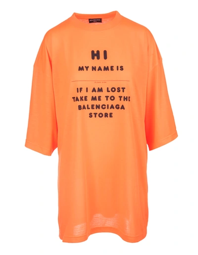 Balenciaga Unisex Orange Wide Fit Hi My Name Is T-shirt In Fluo Orange/black