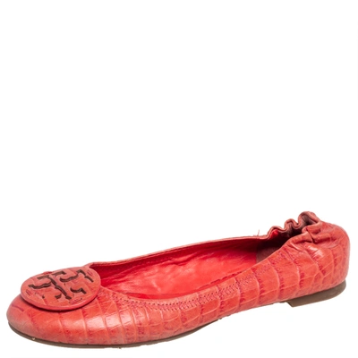 Pre-owned Tory Burch Orange Croc Embossed Leather Minnie Travel Ballet Flats Size 36