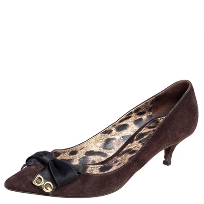 Pre-owned Dolce & Gabbana Brown Suede Kitten Heel Bow Pumps Size 37.5