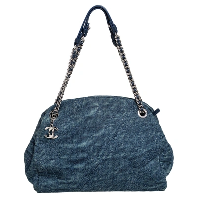Pre-owned Chanel Blue Camellia Embroidered Denim And Leather Large Just Mademoiselle Bowler Bag