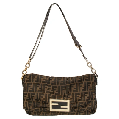 Pre-owned Fendi Tobacco Zucca Canvas And Patent Leather Mia Flap Shoulder Bag In Brown