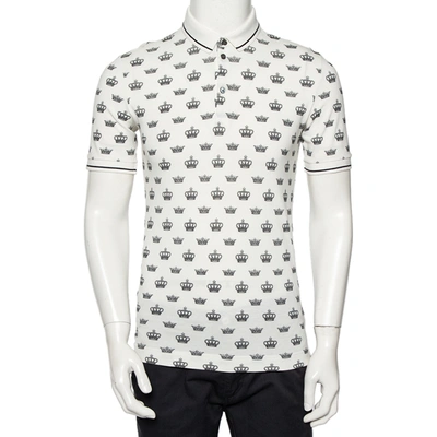 Pre-owned Dolce & Gabbana White Crown Printed Cotton Pique Polo T-shirt M