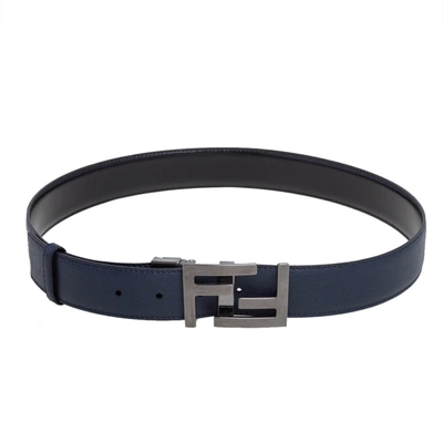 Pre-owned Fendi Navy Blue/black Leather Ff Logo Buckle Reversible Belt 108 Cm