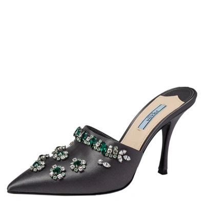 Pre-owned Prada Grey Satin Crystal Embellished Mule Sandals Size 38.5