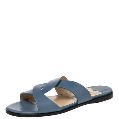Pre-owned Jimmy Choo Blue Leather Atia Crossover Strap Flat Slides Size 40