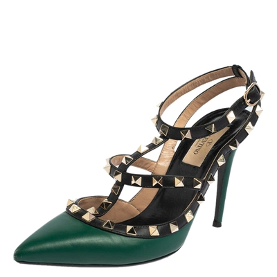 Pre-owned Valentino Garavani Black/green Leather Rockstud Pointed Toe Sandals Size 38