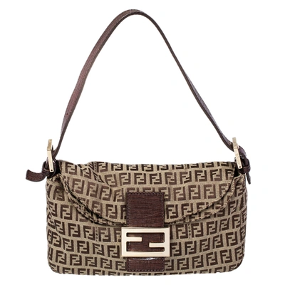 Pre-owned Fendi Beige/brown Zucchino Canvas And Leather Mama Baguette Bag
