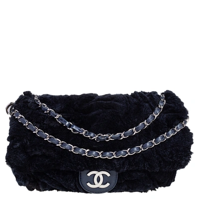 Pre-owned Chanel Navy Blue Rabbit Fur And Leather Single Flap Bag