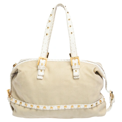 Pre-owned Fendi Beige/white Canvas And Leather Selleria Studded Satchel